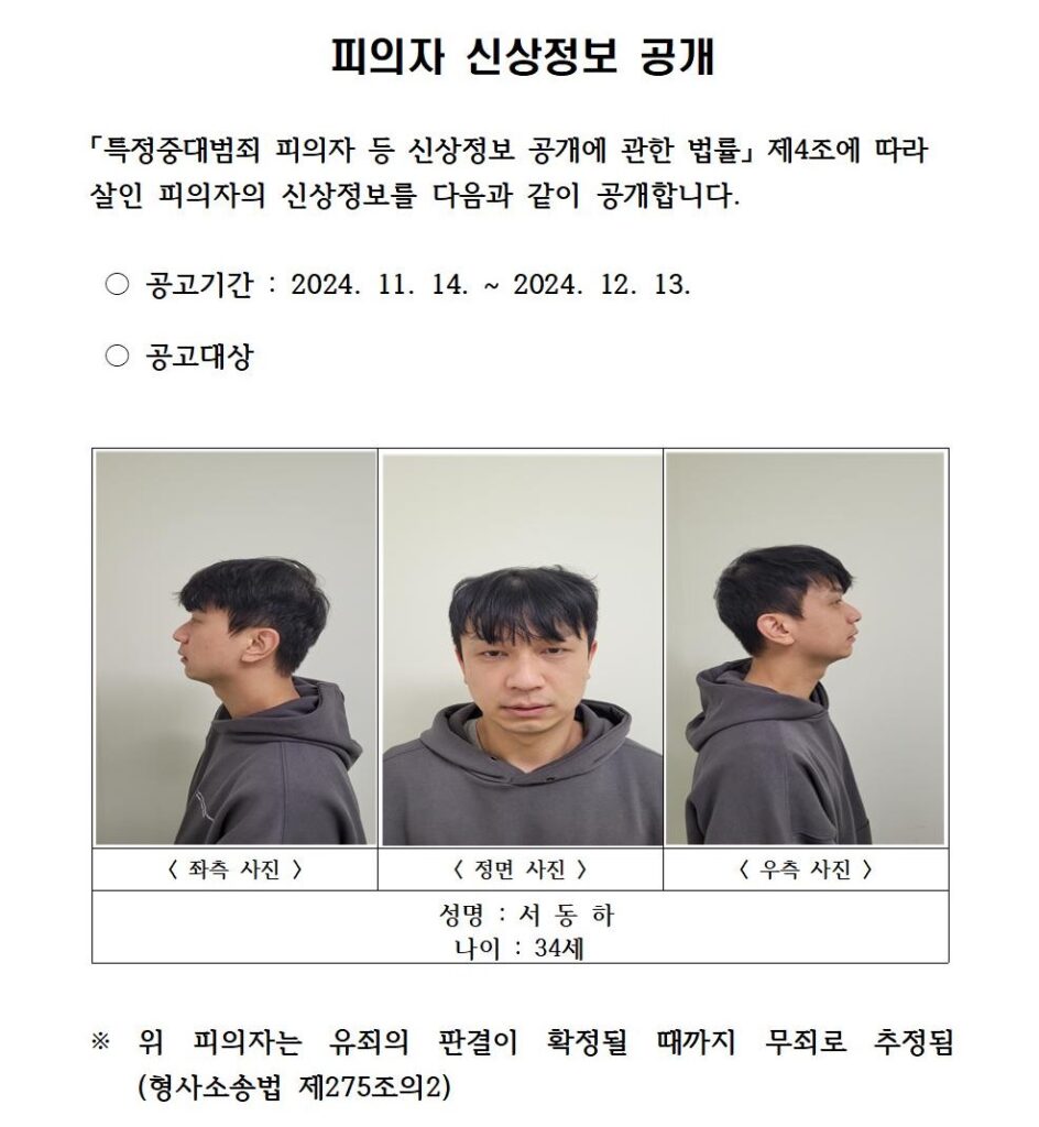 가족 보는 앞에서 전 여친 살해 34세 서동하…머그샷 공개